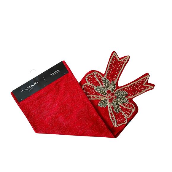 TAHARI Beaded Bow Table Runner 16x90 Christmas Holiday Red Holly Berry New - Picture 2 of 12